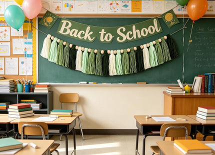 DrCor Sage Green Tassel Garland – Woodland Classroom Decor