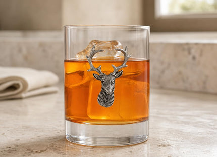 Vagabond House Elk Head Double Old Fashioned Glass - Premium Pewter Accents - 8 oz Whiskey Tumbler - Lodge Style Barware - 4.25 inch Tall