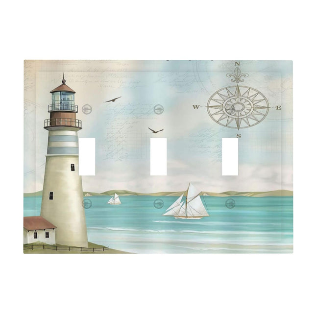Nautical Lighthouse Ocean Coastal Compass 3 Gang Light Switch Covers Decorative Triple Toggle Wall Plate Electrical Faceplate Switchplate for Country Bathroom Bedroom Home Decor
