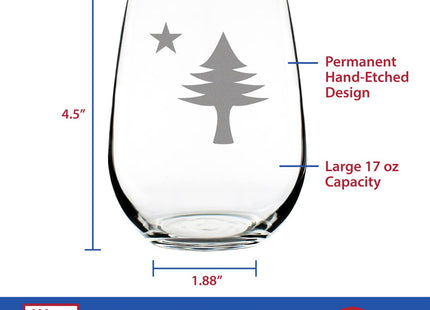 Bevvee Old Maine Flag - Stemless Wine Glass - Original 1901 State of Maine Flag Gifts for Women & Men Mainers - Large 17 Ounce