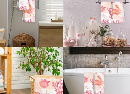 JINYO Pink Coral Ocean Beach Kitchen Towels Set of 2, Red Seashell Coral Coastal Beach Hand Towels for Bathroom Kitchen Decor, Nautical Decorative Dish Tea Towels