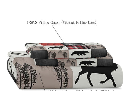 LUVIVIHOME 3PCS Christmas Duvet Cover Full, Cabin Rustic Bedding, Holiday Xmas Gifts Black Bear Moose Elk Deer Lodge Quilt Patchwork Bedspread Red Buffalo Check Plaid Comforter Cover, 2 Pillow Shams