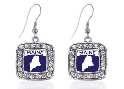 Inspired Silver - Maine Outline - Silver Dangle Earrings for Women - Square Charm Earrings French Hook Drop with Cubic Zirconia - Women's Dangly Earrings Jewelry Gift