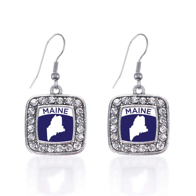 Inspired Silver - Maine Outline - Silver Dangle Earrings for Women - Square Charm Earrings French Hook Drop with Cubic Zirconia - Women's Dangly Earrings Jewelry Gift