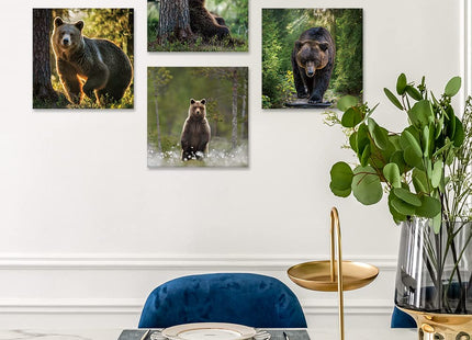 OTOSTAR 4 Pieces Wall Art Canvas Prints - Forest and Bear Picture Painting - Modern Wall Artwork Framed for Gifts Bathroom Home Kitchen Office Decor - 12 x 12 Inch