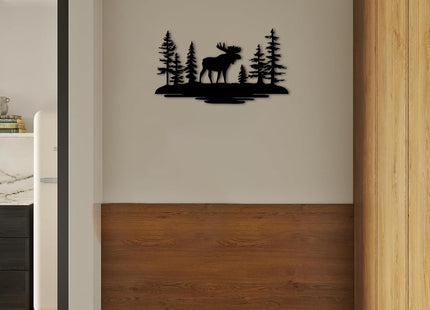 Moose Forest Landscape Metal Wall Art Metal Outdoor Decor Metal Signs Rustic Farmhouse Wall Art Decor Exquisite Home Decoration for Living Room Bedroom Cabin Lodge (Black,32inch)