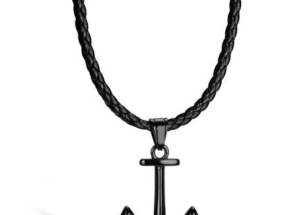 SERASAR Leather Necklace Men Anchor Pendant 50cm Black Jewelry Waterproof