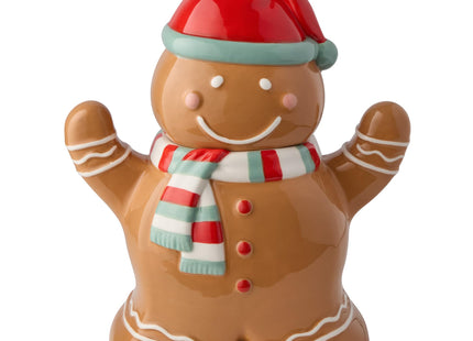 Christmas Whimsy Gingerbread 3-D Cookie Jar – Holiday Ceramic Treat Jar with Smiling Gingerbread Wearing Red Hat & Scarf – Airtight Storage for Cookies, Candies & Festive Kitchen Decor