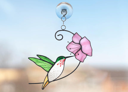 Lolitarcrafts Hummingbird with Flower Stained Glass Suncatcher Bird Stained Glass Window Hangings Hummingbird Gift for Home Decor (Green with Flower)