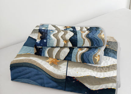 QOOMO Coastal Quilt Set Full Queen Size, 3 Pieces Summer Seashell Starfish Printed Bedspreads Coverlet Set, Soft Microfiber Lightweight Beach Nautical Bedding Set with 2 Pillowcases for All Season
