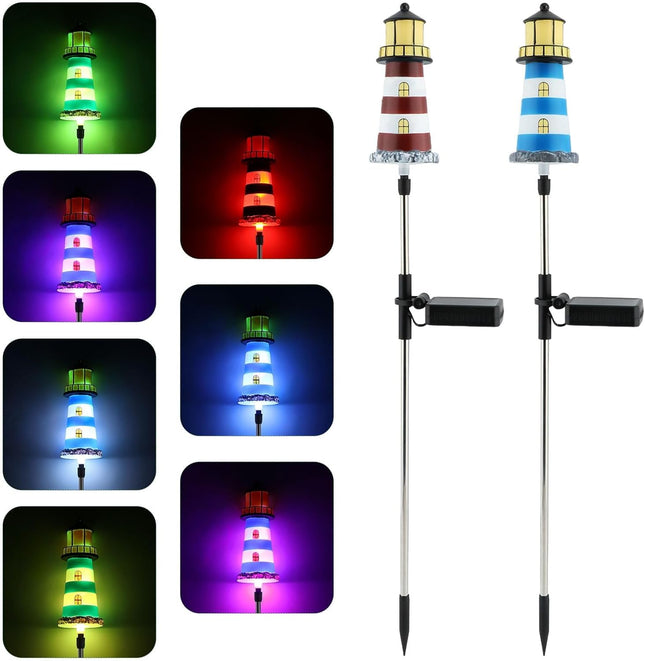 AQEENURA Solar Lighthouse, 2 PCS, 7 Colors Changing