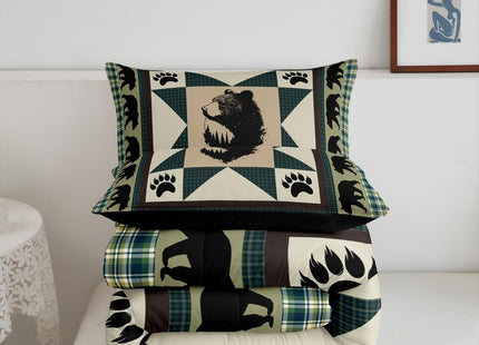 Erosebridal Black Bear Comforter Set Western Bedding Set Twin Patchwork Geometric Triangle Lattice Quilt Woodland Wildlife Bear Paw Print Duvet Insert,Green Checkered Buffalo Plaid Decor