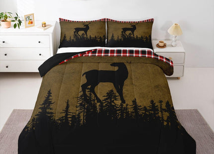 Erosebridal Rustic Farmhouse Bedding Set Deer Hunting Comforter Set Twin, Brown Tie Dye Bedding Comforter Sets Red Buffalo Plaid Duvet, Woodland Pine Tree Quilted Comforter Animal Theme Bedroom Decor