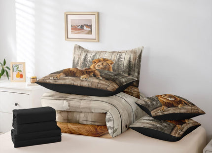 Erosebridal 3D Lion Bed in A Bag 7 Pcs Wildlife Hunting Theme Comforter Set for Kids Teens Forest Pine Tree Bedding Sets Queen Country Woodland Animal Sheet Set with Comforter