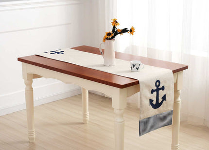 DECOPOW Embroidered Anchor Linen Table Runner ,14 Inches x 72 Inches (Navy Stripe)
