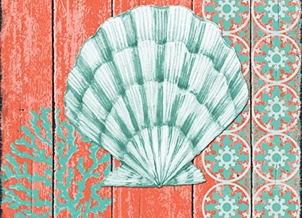 Gango Home Décor 4 Lovely Teal and Coral Ocean Seashell Sand Dollar Seahorse Star Fish Collage; Nautical Decor; Four 12 by 12-Inch Canvases