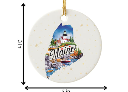 USA State Landmark Ceramic Ornament – Round Glossy Christmas Decoration Featuring U.S. State Art, Landmarks & Holiday Scenery – Collectible Travel Souvenir Ornament Series (Maine)