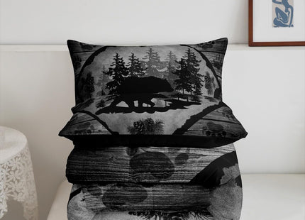Lodge Cabin Comforter Set,Black Bear Pine Trees Decor Bedding Set for Kids Teens Adults,Wild Animal Paw Print Retro Wooden Stripes Farmhouse Comforter Duvet Set with 1 Pillowcase Twin Size 2 Pcs