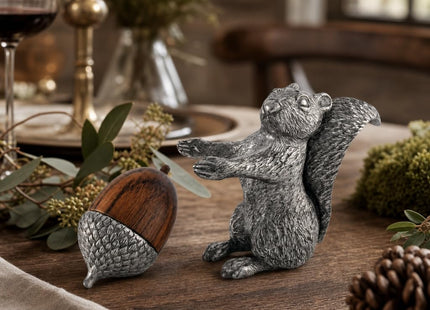 Vagabond House Pewter Squirrel with Wood Acorn Salt and Pepper Shaker Set Fall Harvest Tableware 3 inch Tall