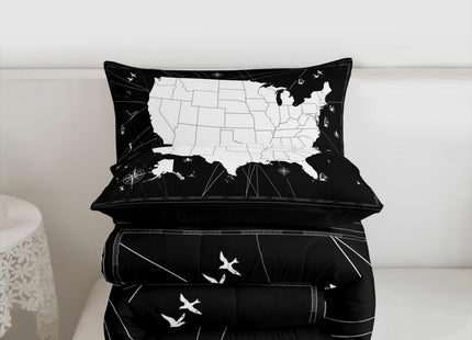 World Map Comforter Set Twin Nautical Theme Bedding Comforters & Sets Black White Duvet Set Campus Sailboat Quilt Comforter, Geography Earth Global Theme Bedroom Decor for Boys Girls Men Women