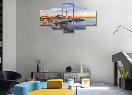 Portland Maine Bay Lighthouse Pictures for Living Room Native American Wall Art House Decorations 5 Panel Canvas, Morning Skyline Painting Home Decor Modern Artwork Framed Ready to Hang(60"Wx32"H)