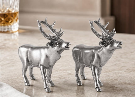 Vagabond House Pewter Deer/Elk Salt and Pepper Shakers Set Artisan Designer Handcrafted for Cabin Lodge Mountain Décor 4.5 inch Tall