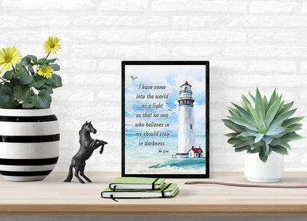 Nautical Seaside Lighthouse Christian Wall Art - Religious Scripture Bible Verse Gift - Ocean Home Decoration, Bathroom Wall Decor - Print for Beach House, Restroom, Living Room, Bedroom - Blue 8x10