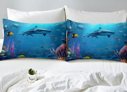 Kids Shark Bedding Sets King Blue Hawaiian Duvet Cover Set,Fish Bedspreads Beach Theme Quilt Cover Underwater Children Comforter Cover Ultra-Soft Brushed Microfiber Turtle Decor Bed Cover with Ties