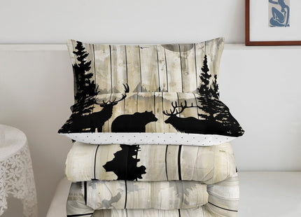 Feelyou Western Rustic Bear Deer Elk Comforter Set, Wooden Farmhouse Bedding Toddler, Hunting Wild Animal Quilt Forest Wildlife Hunting Bedding Comforter Sets Kids Boys Teens Adult Men Bedroom Decor