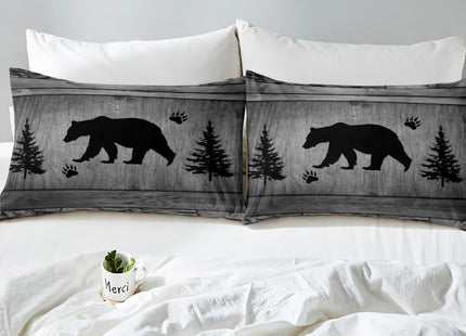 Manfei Rustic Bear Sheet Set Twin Size, Black Trees Deer Paw Print Bed Sheet Set 3pcs with Deep Pocket Fitted Sheet + Flat Sheet + 1 Pillowcase, Grey Wooden Plank Bedding Set for Kids Boy Room Decor