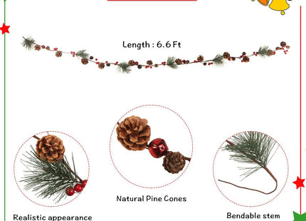 Songjum 6.6Ft Christmas Garland Decorations with Red Bells Xmas Wreath Decorations Christmas Wreath with Red Berry Branches Pinecone for Front Door Fireplace Stairs Mantle Outside Window Ledge