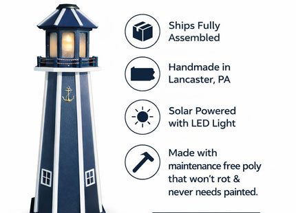 Peaceful Classics Poly Solar Lighthouse, Navy, 4ft