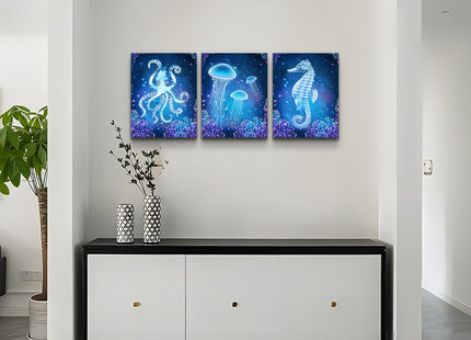 blue Ocean Life Theme Canvas Prints Wall Art Paintings for Living Room Wall Artworks Sea Animal sea horse Octopus jellyfish Pictures Bedroom Decorations 3 Panels Home bathroom Wall decor posters