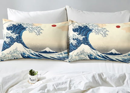 Castle Fairy Waves Pattern Bedding Set Twin Size for Kids Boys Bedroom,Japanese Ukiyo-e Bed Duvet Cover Set,Red Sun Comforter Cover Ocean Decor 2 Pieces 1 Duvet Cover with 1 Pillowcase No Comforter