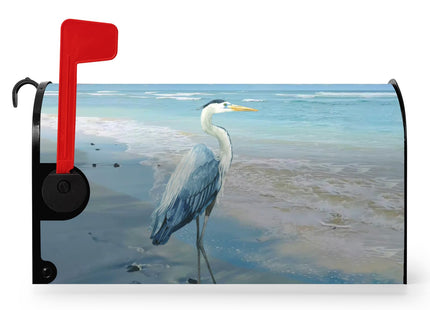 Dacawin Heron Beach Mailbox Covers Summer Nautical Blue Mailbox Cover Magnetic Standard Size 21x18 Inch Coastal Sea Bird Letter Post Box Wraps Decor for Garden Yard