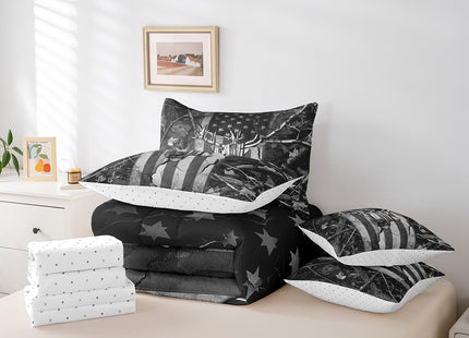 Erosebridal 7 Piece American Flag Deer Comforter Set Twin Black Grey Woodland Deer Bed in a Bag USA Flag Bedroom Decor,Wildlife Hunting Bedding Set with Fitted Sheet,Flat Sheet,Pillowcases & Shams