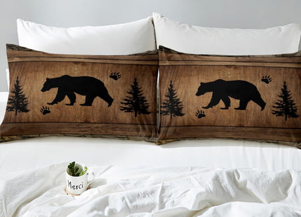 Manfei Rustic Bear Sheet Set Twin Size, Wildlife Hunting Theme Bed Sheet Set 3pcs with Deep Pocket Fitted Sheet + Flat Sheet + 1 Pillowcase, Wooden Board Bedding Set for Kids Boys Teens Room Decor