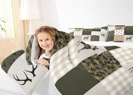 Homewish Camouflage Comforter Set Full Size Woodland Camo Quilt Set Green and Beige Plaid Print Bedding Set 3pcs for Kids Boys Teens Room Decor, Animal Deer Antlers Duvet Insert with 2 Pillowcases