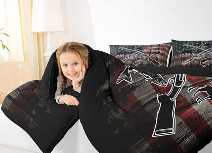 Homewish Retro American Flag Comforter Set Twin Size,Hunting and Fishing Bedding Set,Duck Deer Bear Bass Fish Wild Animals Theme Quilt Set for Kids Boys Men Teens Room Decor,Rustic Duvet Insert 2Pcs