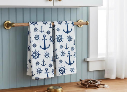 Nautical Coastal Cotton Kitchen Dish Towels, Blue Anchors, Set of 2 ,15x25
