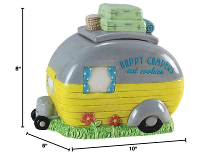 Young's Inc Ceramic Happy Campers Cookie Jar for Kitchen Counter, RV, Camper & Cabin Decor, Rustic Woodland Cookie Storage Container with Lid, 9.5 x 5.75 x 7.5 Inch