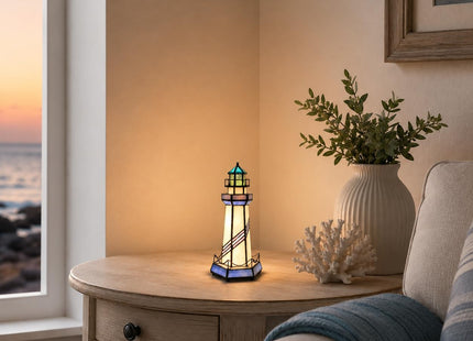 Bieye L10776 Lighthouse Tiffany Style Stained Glass Accent Lamp, 5Wx11H