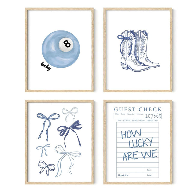 Coastal Cowgirl Posters,Coquette Blue Bow Room Decor, Light Blue Preppy Coastal Granddaughter Wall Art Prints for College Dorm, Girls Room, Bathroom Bedroom Aesthetic Room Decor,Set of 4,12x16 Unframed
