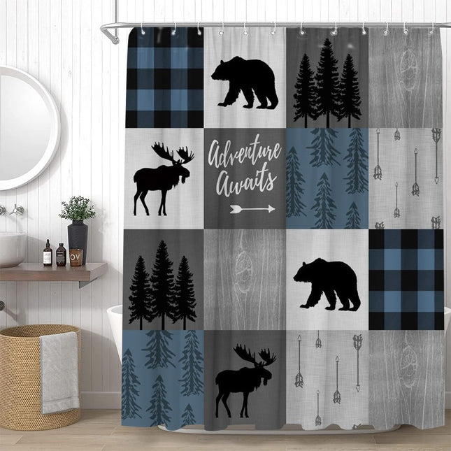 YSSFAV Cabin Shower Curtain Moose Bear Blue Plaid Camper Bathroom Decor