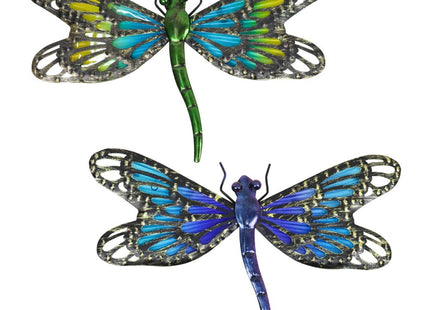 HONGLAND 2Pcs Metal Dragonfly Wall Decor Outdoor Dragonfly Wall Art Glass Sculpture for Home Garden Fence-Blue&Green