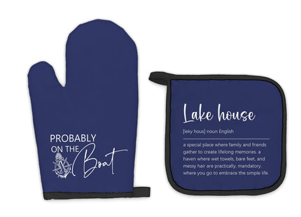 FIicy Lake House Gifts Navy Blue Oven Mitts and Pot Holders Sets, Lake Lovers Gifts Kitchen Accessories Sets Decor, Blue Probably on The Boat Heat Resistant Oven Glove Potholders for Kitchen Baking