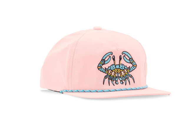 Bajio Performance Fishing Hat – Crab Art Snapback in Pink, Saltwater Shellfish Cap for Coastal Anglers, Ocean-Inspired Embroidered Hat for Inshore Fishing, Flats Lifestyle, and Dockside Style