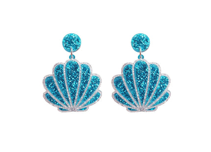Enamel Sea Shell Earrings - Lovely Creative Nautical Stud Dangle Earrings with Sparkling Sequins - For Women (Blue)