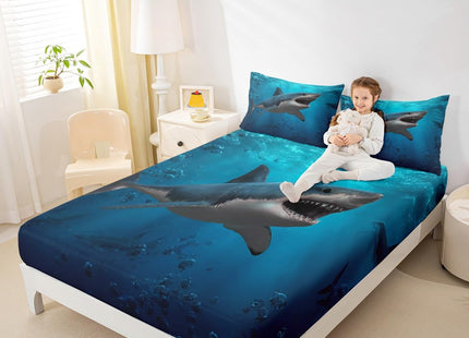 3D Shark Fitted Sheet Twin Size,Underwater World Bedding Set 2Pcs,Ocean Animals Bed Sheet for Kids Boys Girls Adult Bedroom Decor Sea Blue Gradient Deep Pocket Sheet,1 Pillowcase