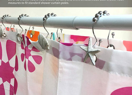 Starfish & Seashell Stainless Steel Rust Resistant Double Hooks Glide Shower Curtain Ring Hangs Holder for Bathroom Home Decor